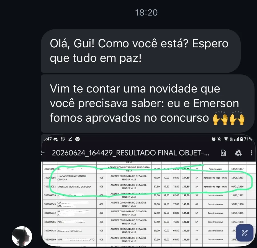 Mensagem de aluno: aluno + colega aprovados, com print do resultado oficial