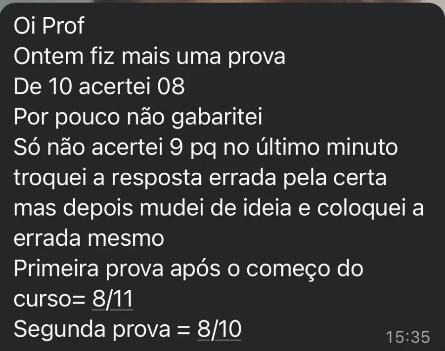 Mensagem de aluno: evolução entre duas provas