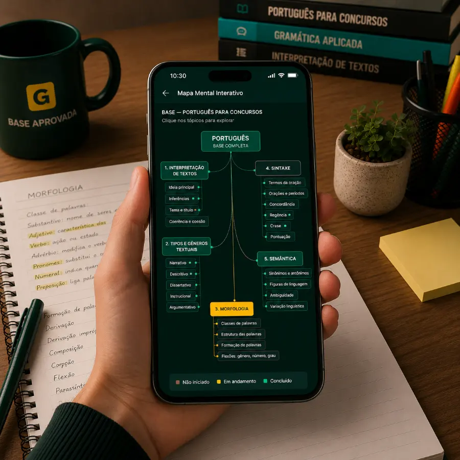 Mapa Mental Interativo aberto na tela do celular, na mão, sobre o caderno