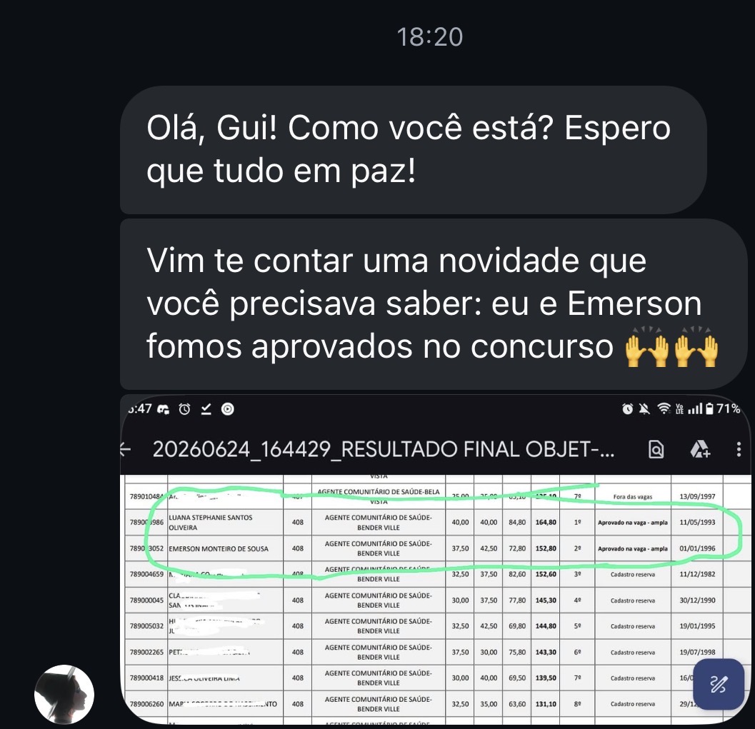 Print do resultado oficial da banca mostrando dois alunos aprovados dentro das vagas