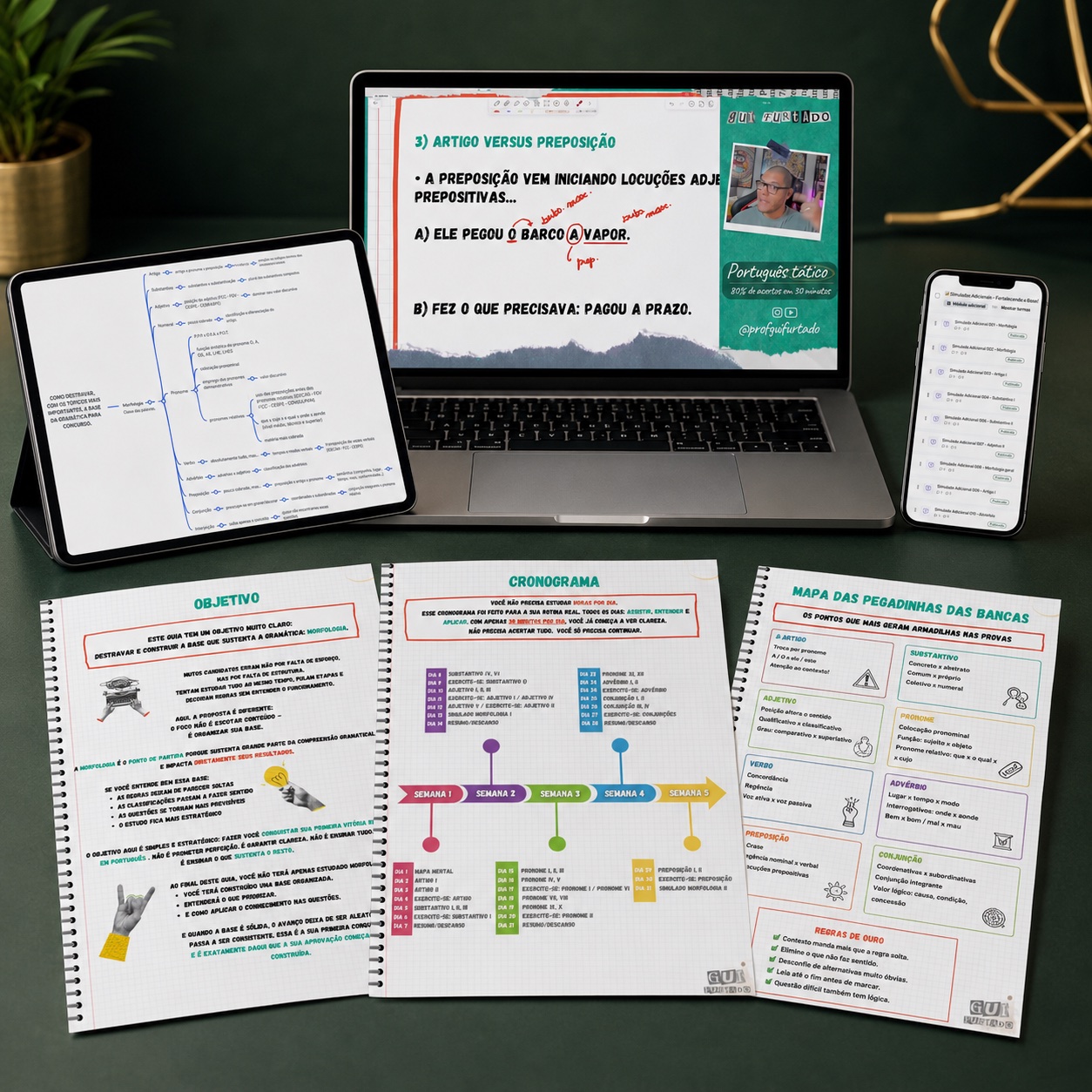 Material completo do Base Tática: apostilas impressas, mapa das pegadinhas e as aulas abertas no notebook, tablet e celular