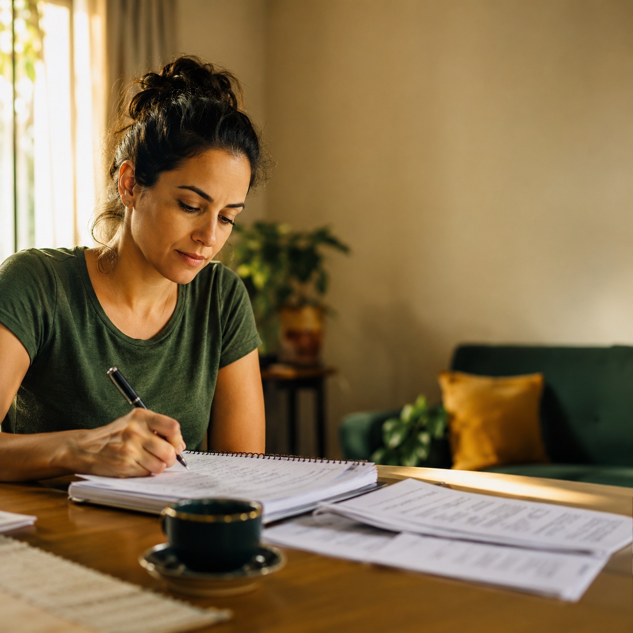 Concurseira estudando Português, escrevendo em um caderno com provas sobre a mesa